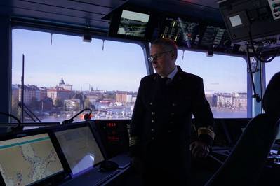Captain Pasi Järvelin on the bridge of Arctia icebreaker Polaris. Järvelin has more than 40 years’ experience in the maritime industry, including 36 years on icebreakers, and was part of the concept team that developed the vessel. (Photo: Eric Haun)
