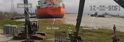 CCTV footage looking downriver at 1522:26 shows the Bow Tribute when it struck the spud barge protecting the New River water intake pipes. (Photo: Crosby Dredging)