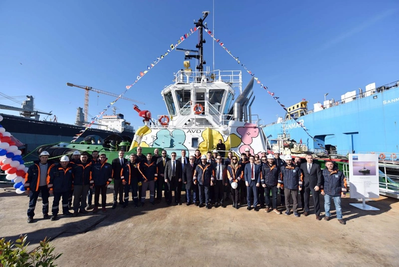 Ceremonial launch of Sanmar’s Bogaçay38 tug (Photo: Caterpillar Marine)