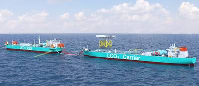 CG rendering shows offloading CO2 from LCO2 carrier to LCO2 FSO and injection unit. - ©Mitsui OSK