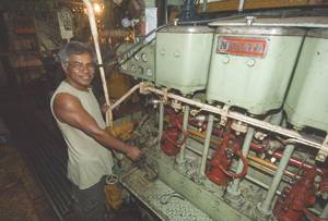 Chief Engineer Bonillo Rafugio with the cam-shaft control on the venerable Nigata. 