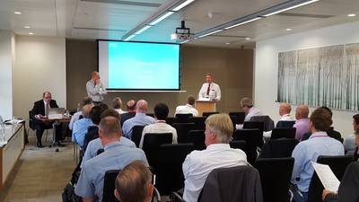 ABTO Chief Executive Ian Adams speaking to ICHCA members last week in London (Photo: ABTO)