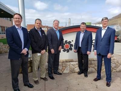 Chief Executive Officer – Tony Capasso (third from left) and Chief Technology and Marketing Officer – Oliver Ferguson (right) of Sea Ready Marine Petroleum met with American Refining Group (ARG) leadership recently at its Bradford, Pa., refinery. Representing ARG were (from left) Vice President – Sales & Marketing John Malone, Vice President – Research and Development David Krantz and President and Chief Operating Officer Jon Giberson.