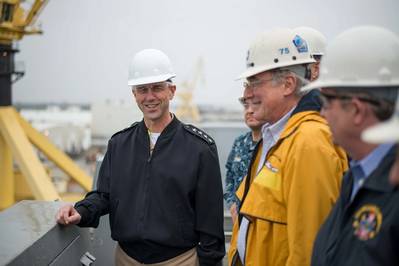 Chief of Naval Operations Adm. John Richardson (left) toured the amphibious transport dock John P. Murtha (LPD 26) during a visit to HII’s Ingalls Shipbuilding division. Also pictured (left to right) are Richard Schenk, Ingalls’ vice president of program management, and George Jones, Ingalls’ vice president of operations. (Photo by Andrew Young/HII)