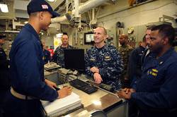 Chief of Naval Operations (CNO) Adm. Jonathan Greenert talks with Sailors aboard the amphibious assault ship USS Wasp (LHD 1) during exercise Bold Alligator 2012. Bold Alligator is the largest naval amphibious exercise in the past 10 years and represents the Navy and Marine Corps' revitalization of the full range of amphibious operations. The exercise focuses on today's fight with today's forces, while showcasing the advantages of seabasing. The exercise will take place Jan. 30 through Feb. 12, 