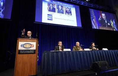 Chief of Naval Research Rear Adm. Mat Winter, moderates a research, development, test and evaluation corporate board panel session during the Naval Future Force Science and Technology Expo. (U.S. Navy photo by John F. Williams)
