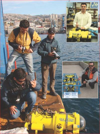 Chile’s Fernando Landeta of Landmarine (r) with Fisher SeaOtter ROV; Top inset – Ecuador’s Edwin Ortega with his new SeaOtter-2 ROV at Fishers factory; Center inset; Chile’s Pedro Campos of Subsea Engineering with his SeaLion ROV in crash cage