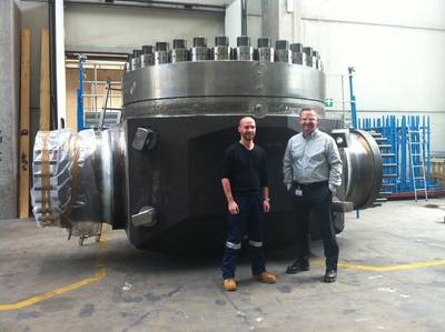 Wojciech Zmudzinski, Chief Pipeline Engineer for McDermott (right) with an INPEX Ichthys Project representative during a valve manufacturing inspection at a factory in Italy.