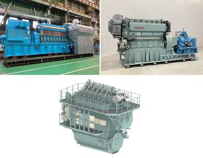 Clockwise from top-left: Exterior view of engine manufactured by Kawasaki Heavy Industries; Exterior view of engine manufactured by Yanmar Power Solutions; The engine under construction by Japan Engine. © Yanmar
