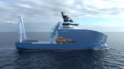 Close-up rendering of one vessel showing Seaonics ECMC Crane and ECMC Gangway (Credit: Vard Group)