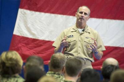 CNO Adm. Greenert holds an all-hands call with service members, civilians and their families at Naval Support Activity Bahrain where he discussed the current status of the Navy and presented U.S. Naval Forces Central Command with the Navy Unit Commendation for meritorious service in the performance of assigned missions from June 2010 to June 2015. (US Navy photo by Nathan Laird)