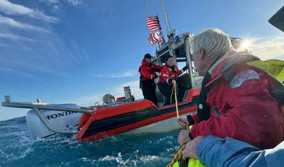 U.S. Coast Guard rescued six people who activated an Emergency Position-Indicating Radio Beacon (EPIRB) after their 48-foot fishing vessel began to sink off the coast of Oak Island, North Carolina, on December 8, 2024.  (Image credit: USCG)