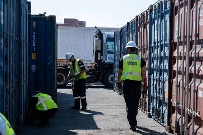 U.S. Coast Guard personnel assigned to Sector New York conduct container inspections alongside U.S. Customs and Border Protection at Red Hook Terminal in Brooklyn, New York, April 24, 2025. Credit: U.S. Coast Guard photo by Petty Officer 2nd Class Sydney Phoenix