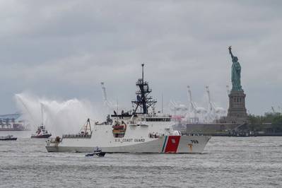 U.S. Coast Guard Cutter Calhoun approaches Lower Manhattan during the Parade of Ships for Fleet Week New York 2025, May 21, 2025. Fleet Week offers the public a chance to meet Coast Guard personnel and learn about maritime missions and capabilities. (U.S. Coast Guard photo by Petty Officer 2nd Class Sydney Phoenix)