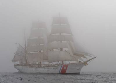 The Coast Guard Cutter Eagle sails through dense fog. U.S. Coast Guard photo by Petty Officer 2nd Class Erik Swanson.