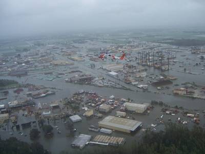 Coast Guard Jayhawk 6031 from Air Station Elizabeth City, N.C. flys over flooded areas in New Iberia, La., Sunday, Sept. 14, 2008. Coast Guard helicopter crews began flying over flooded areas looking for signs of people in distress after Hurricane Ike reached the Gulf Coast causing tremedous devastation to many areas in Louisana and Texas.  Photo credit:  USCG