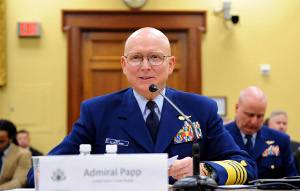 Coast Guard Commandant Adm. Bob Papp testifies before the House of Representatives Appropriations Subcommittee on Homeland Security concerning the Coast Guard's proposed fiscal year 2012 budget at the Rayburn House Office Building in Washington, D.C., Mar. 10, 2011. The Coast Guard's proposal is part of President Obama's federal-government-wide budget submitted to Congress Feb. 14, 2010. U.S. Coast Guard photo by Petty Officer 2nd Class Patrick Kelley.