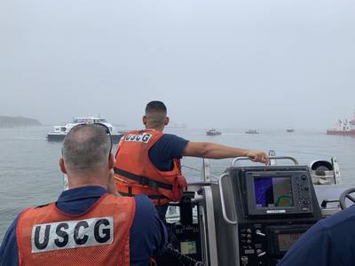 Coast Guard Station Point Allerton crew members respond during the grounding of the ferry Lightening in Boston Harbor, Friday, Aug. 16, 2019. (U.S. Coast Guard photo by Station Point Allerton)