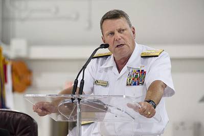 Commander of U.S. Fleet Forces Command Adm. Bill Gortney delivers remarks during the rollout ceremony for the U.S. Navy's first F-35C Lightning II carrier variant aircraft squadron the Grim Reapers of Strike Fighter Squadron (VFA) 101. (U.S. Navy photo courtesy of Lockheed Martin by Angel DelCueto/Released)