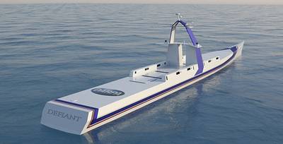 Concept design for NOMARS Defiant unmanned ship. (Image: Serco Inc.)