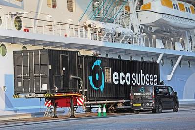 ECOsubsea's containerized control station alongside a cruis eship during hull cleaning (Credi: ECOsubsea)