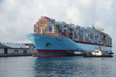 The containership Sofie Maersk is escorted by tugs into Honolulu Harbor. (U.S. Coast Guard photo by Amanda Levasseur)