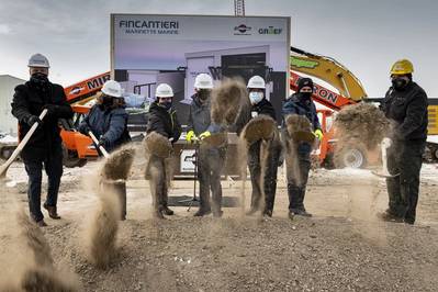 From left: Corey Brumbaugh, Miron Construction; Jan Allman, CEO, Fincantieri Marinette Marine; Steve Genisot, Mayor of Marinette; Dario Deste, President and CEO, Fincantieri Marine Group; Uriah Wolfe, Graef; Vice Adm. (Ret.) Richard Hunt, President, Fincantieri Marinette Marine; Andy Heimbuch, President, Boilermakers Union, Local 696 (Photo: Fincantieri Marinette Marine)