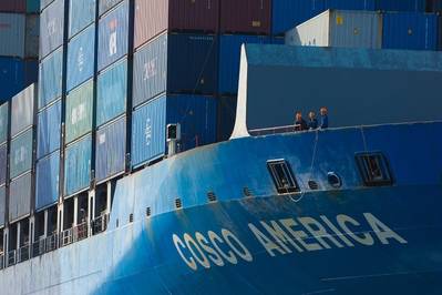 COSCO America leaving Pier J at the Port of Long Beach in February 2020. (Photo: Port of Long Beach)