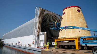 Crews moved the cone-shaped launch vehicle stage adapter out of NASA Marshall’s Building 4708 to the agency’s Pegasus barge on August 21. The barge will ferry the adapter first to NASA’s Michoud Assembly Facility, where it will pick up additional SLS hardware for future Artemis missions, and then travel to NASA Kennedy. In Florida, teams with NASA’s Exploration Ground Systems will prepare the adapter for stacking and launch.
NASA/Brandon Hancock