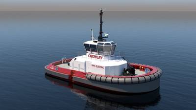 Crowley Maritime Corp will take delivery in 2023 of an electric tug, dubbed eWolf, built by Master Boat Builders in Coden, Ala. (Image: Crowley)