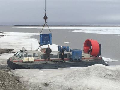 Crowley's hovercraft Arctic Hawk shuttles people and supplies to an Alaskan drill site which became disconnected after the road leading to it was washed out. (Photo: Crowley)