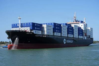 Crowley’s new LNG-powered containership Quetzal has successfully begun its inaugural commercial voyage. Credit: Crowley