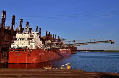 CSL Assiniboine loading iron ore at the CN/Duluth dock. Photo by Diane Hilden/courtesy Duluth Seaway Port Authority