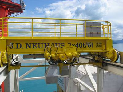 A customized, explosion protected 80 metric ton lift capacity crane as supplied by J D Neuhaus for use on an offshore rig