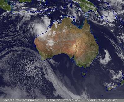 Cyclone Ilsa - 16:30 AEST on Thursday, 13 April 2023 | Cloud/surface composite, Australia - Credit: Australian Government / Bureau of Meteorology
