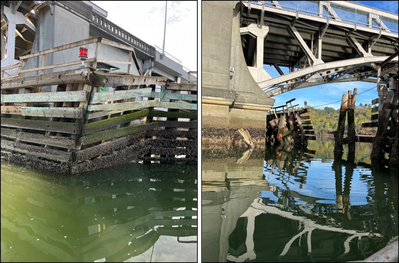 Damage to Hylebos Bridge fender system following the contact. (Source: U.S. Coast Guard)