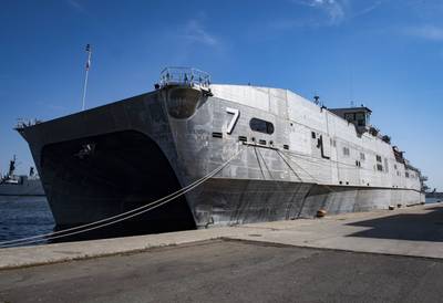 Spearhead-class expeditionary fast transport ship USNS Carson City (T-EPF 7) pier side in Constanta, Romania, in August 2018. (U.S. Navy photo by Kyle Steckler)