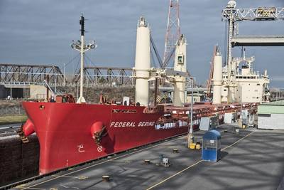 Federal Bering transiting the Saint-Lambert Lock as it entered the St. Lawrence Seaway on November 30. (Photo credit:  Gilles Savoie)