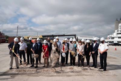 Derecktor officials broke ground at the Port on Friday, November 13 during a small ceremony where federal, state and local dignitaries brandishing golden shovels, hard hats and face masks gathered to commemorate the historic occasion. (Photo: Steven Martine, handout via Derecktor Shipyards)