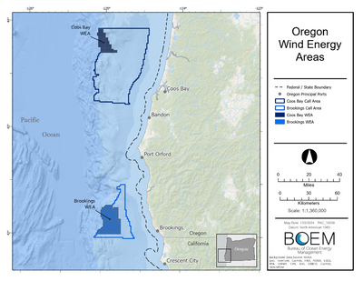 BOEM has designated two final Wind Energy Areas (WEAs) off the Oregon coast, the Coos Bay WEA is 61,204 acres and  located approximately 32 miles (mi) from shore. The Brookings WEA is 133,808 acres and  approximately 18 mi off the coast. If fully developed, the Final WEAs could support 2.4 GW of energy production. (Image: BOEM)