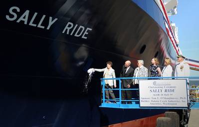 Dick Nelson is second from left, during the christening of auxiliary general oceanographic research (AGOR) vessel R/V Sally Ride (AGOR 28) at Dakota Creek Industries in 2014. (Photo: John F. Williams / U.S. Navy)