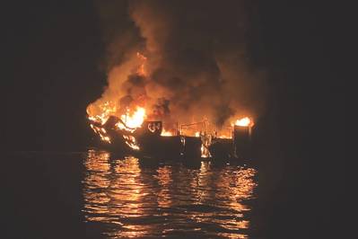 The diving boat Conception burns off the coast of Santa Cruz island on September 2, 2019. (Photo released by the Santa Barbara Sheriff's Office)