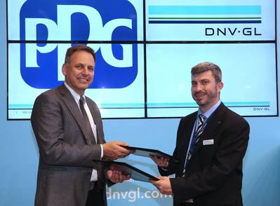 DNV GL’s George Dimopoulos, Head of R&D and advisory Greece and PPG’s Tom Molenda, Global Director Marine Coatings sign the collaboration agreement  (Photo: PPG)