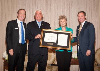 Don Stephens was presented with a Daily Point of Light Award this week at a special Mercy Ships event in Houston, Texas.  Pictured (L to R) Neil Bush, Chairman, Points of Light, Don Stephens, President and Founder of Mercy Ships, Deyon Stephens, Co-founder of Mercy Ships, Paul B. Murphy, Jr., Event Chairman and CEO, President and Director of Cadence Bancorp, LLC. Photo credit:  alexandersportraits.com