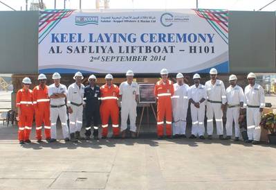 N-KOM & Gulf Drilling International senior management and project teams at keel laying ceremony of liftboat Al Safliya (H101) held at the N-KOM Shipyard in Qatar