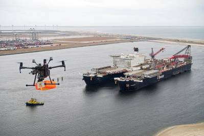 Drone delivering a package to the Pioneering Spirit vessel - Credit: Port of Rotterdam,