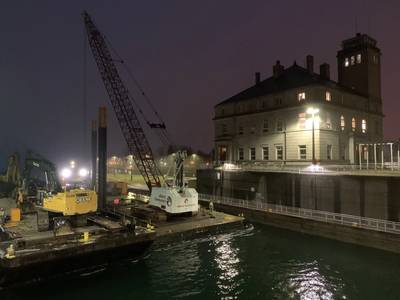 Joint venture contractors Kokosing-Alberici mobilize some of their equipment to the New Lock at the Soo site on April 13, 2021 in Sault Ste. Marie, Mich. (Photo: USACE)