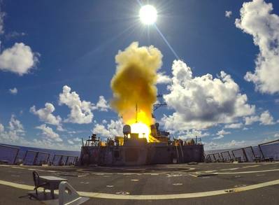 The Arleigh Burke-class guided-missile destroyer USS Barry (DDG 52) launches a Standard Missile (SM) 2 during a live-fire missile exercise as part of Pacific Vanguard (PV) 22 while operating in the Philippine Sea. PV22 is an exercise with a focus on interoperability and the advanced training and integration of allied maritime forces. (U.S. Navy photo by Mass Communication Specialist 1st Class Greg Johnson)