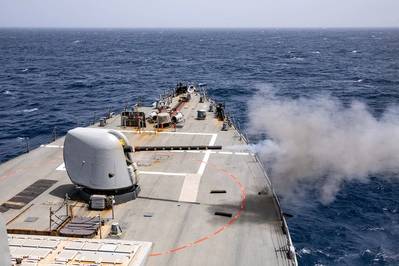 The Arleigh Burke-class guided-missile destroyer USS Cole (DDG 67) fires its Mark 45 gun system during a live-fire exercise, July 19, 2024. (Source: US Navy / Mark Pena)