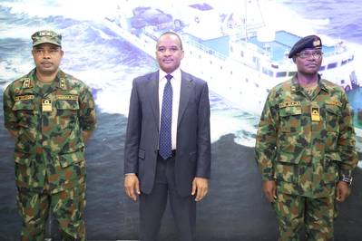 Director General, Nigerian Maritime Administration and Safety Agency (NIMASA), Dr. Bashir Jamoh flanked by Flag Officer Commanding, Western Naval Command, Rear Admiral Oladele Bamidele Daji (Right) and Navy Hydrographer, Rear Admiral Chukwuemeka Okafor (left) during a working visit by the Western Naval Command to NIMASA.